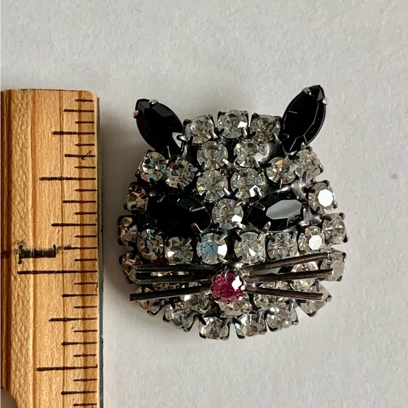 Vintage Rhinestone Cat Face Pin 1950s - Picture 2 of 4